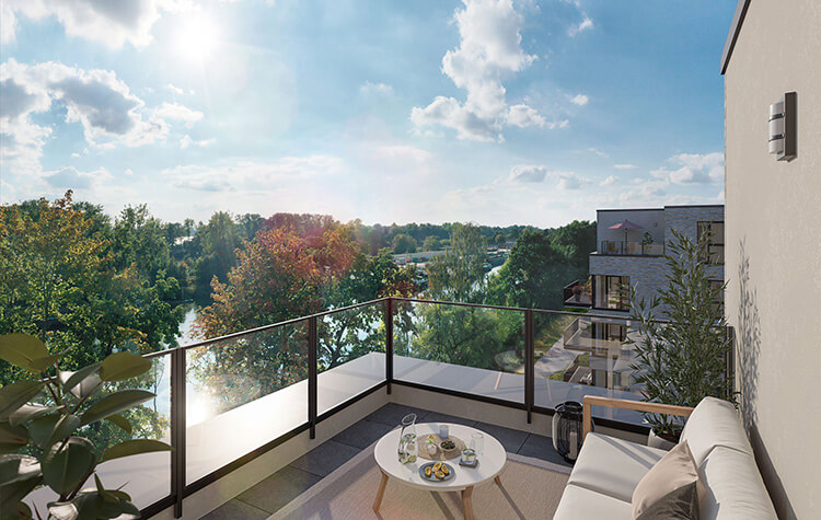 Visualisierung einer Terrasse im Neubauprojekt Waterkant Geesthacht mit dem Blick über die Elbe.