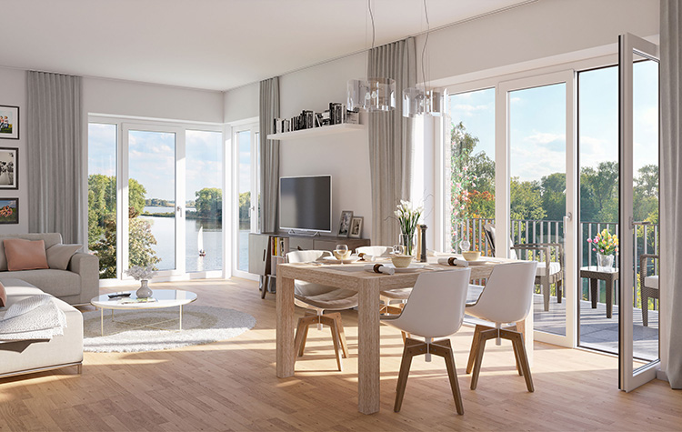 Visualisierung des Wohnzimmers in einer Eigentumswohnung im Neubauprojekt Waterkant Geesthacht mit dem Blick durch das offene Fenster auf die Elbe.